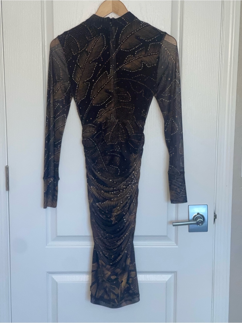 FARM RIO Golden Foliage Long Sleeve Tulle Black Sheer Starburst Palm Print XS - Picture 9 of 11